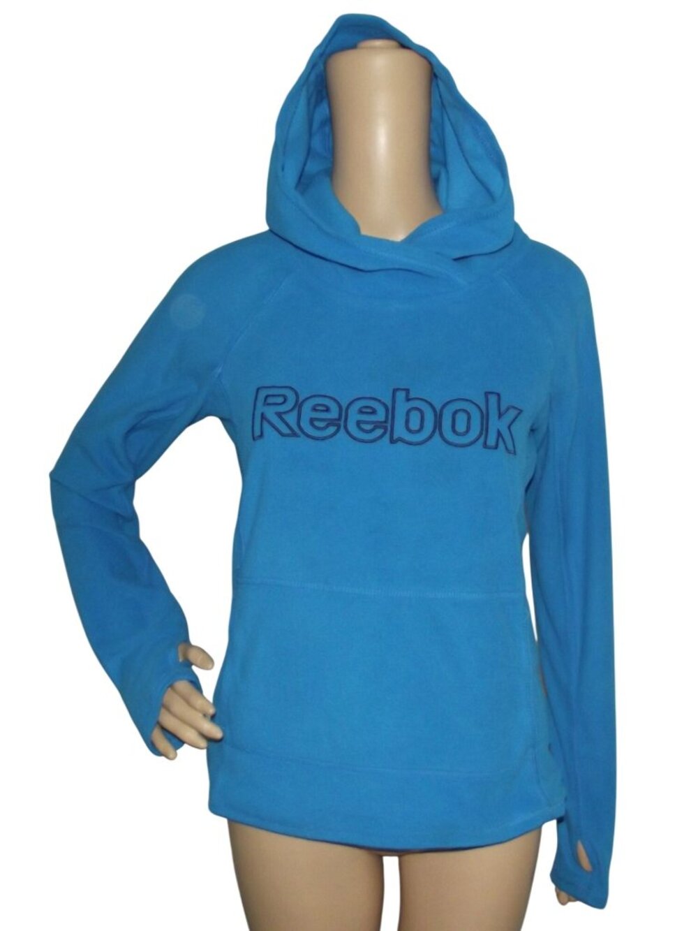 Reebok Fleece Hoodie Womens Size XS Blue Crossover pocket thumb holes